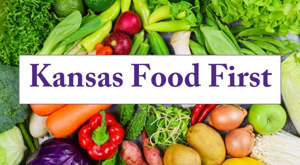 Kansas Food First Magazine with outline of Kanas and a backdrop of produce